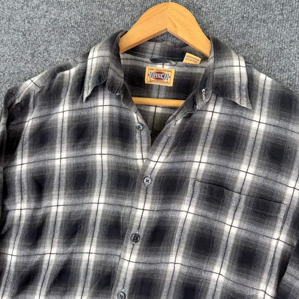 Vintage Basco Shadow Plaid Flannel Shirt Mens S Black White 100% Rayon Button Up